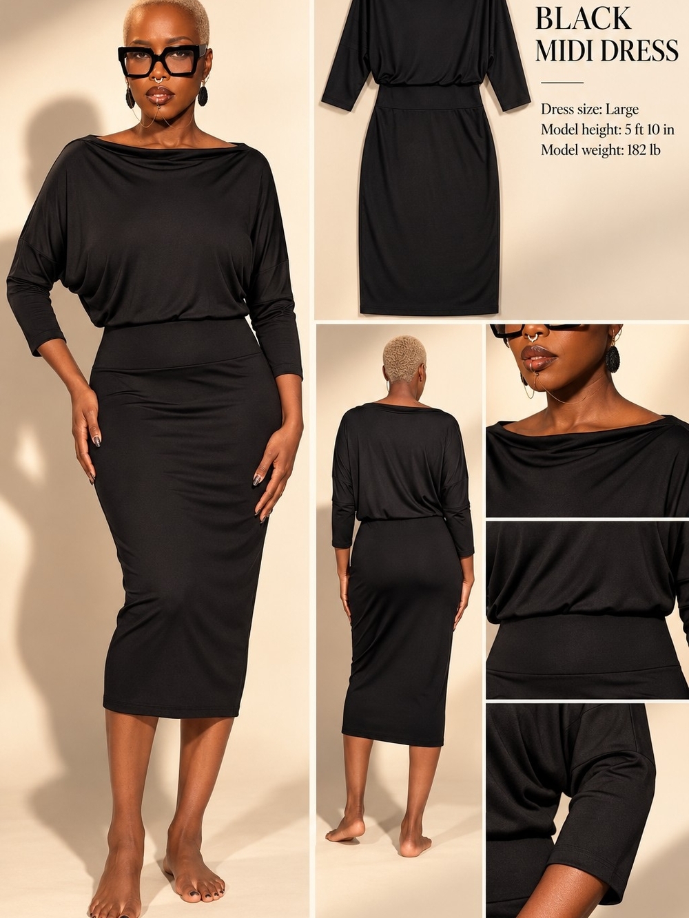 Black Boat Neck Blouson Midi Dress – 3/4 Sleeves – XL
